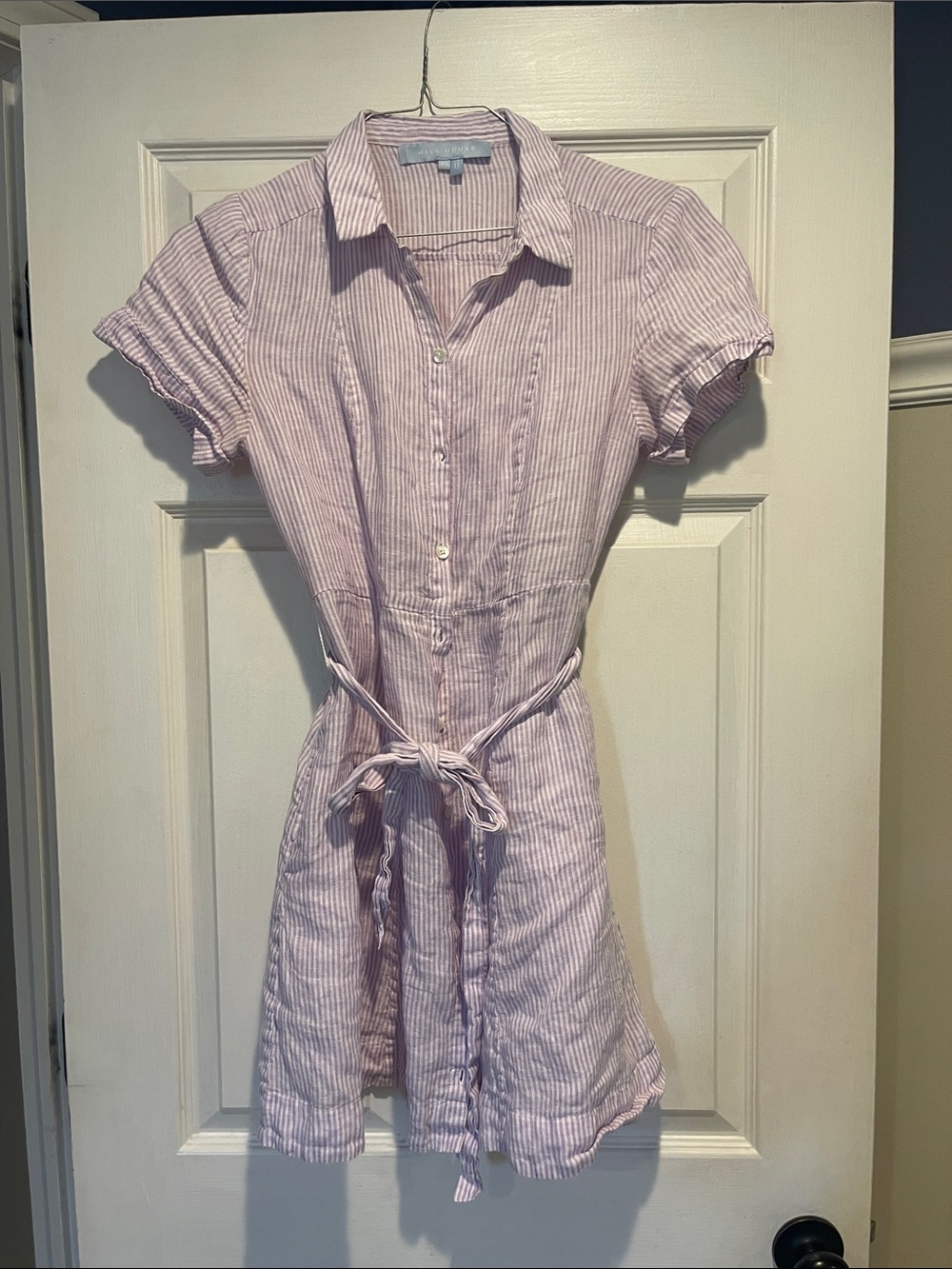 Hill House Lavender Striped Shirt Mini Dress with Tie Waist